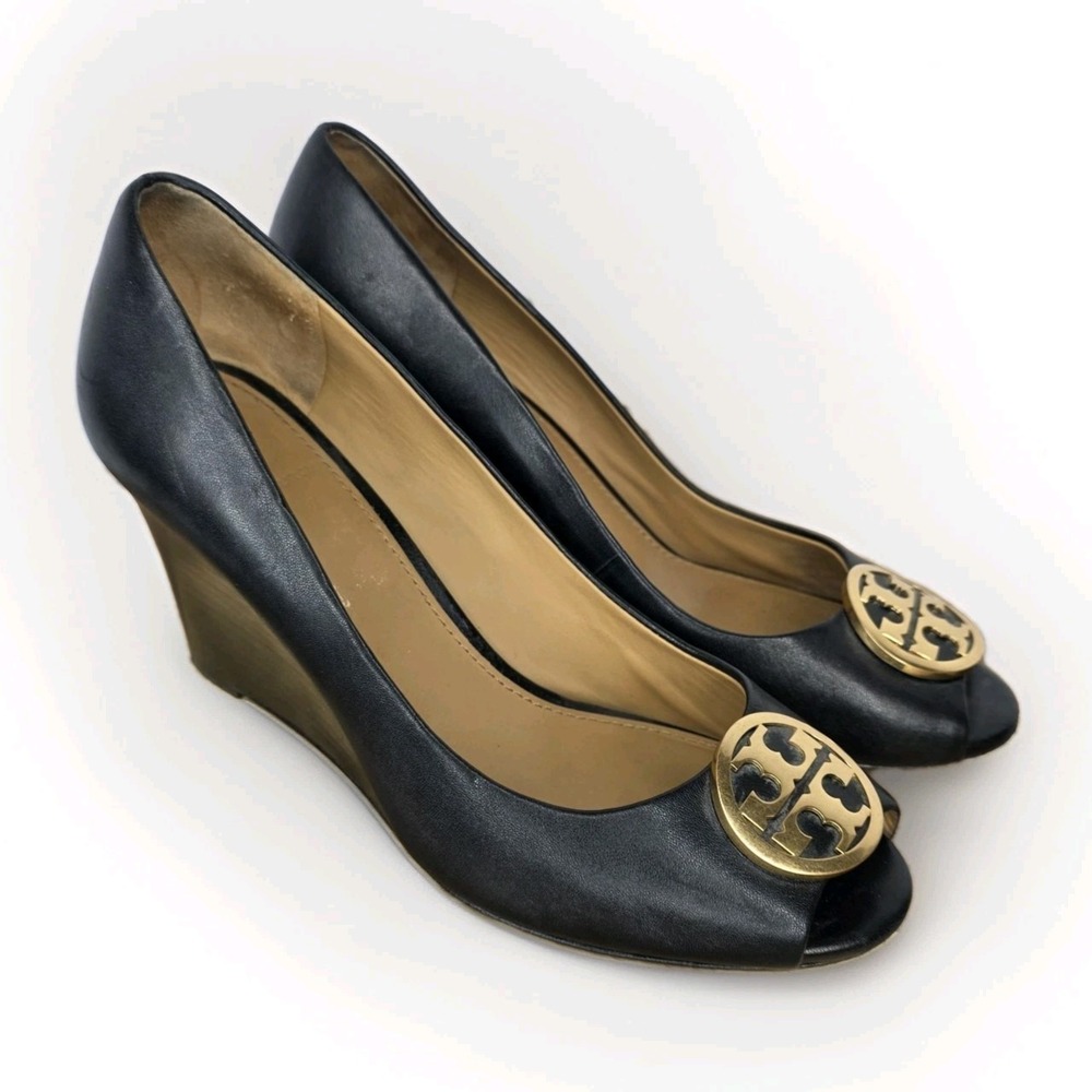 Tory Burch Black Leather Chelsea Wedges Heel Pump Peep Toe Gold Hardware 7.5
